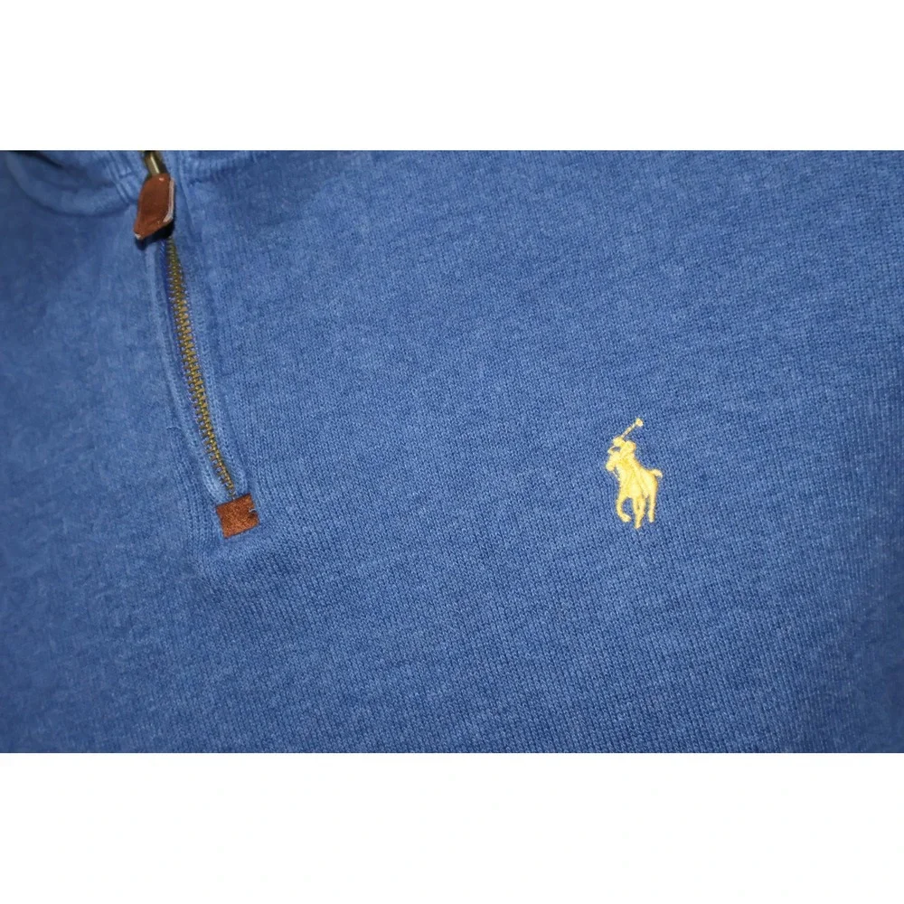Polo Ralph Lauren Pullover Mens Medium Blue 1/4 Leather Zip Pull Cotton Sweater